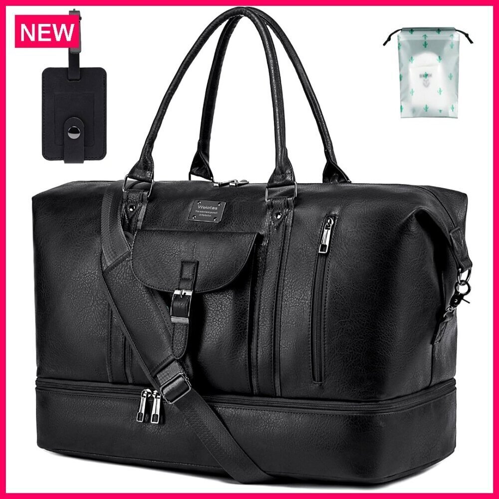 Large Faux Leather Weekender Duffel Bag with Shoes Compartment Luggage Strap